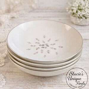 Vintage Floral Rim Soup Bowls Set of 4 Platinum Trim Fine China Cottage Style